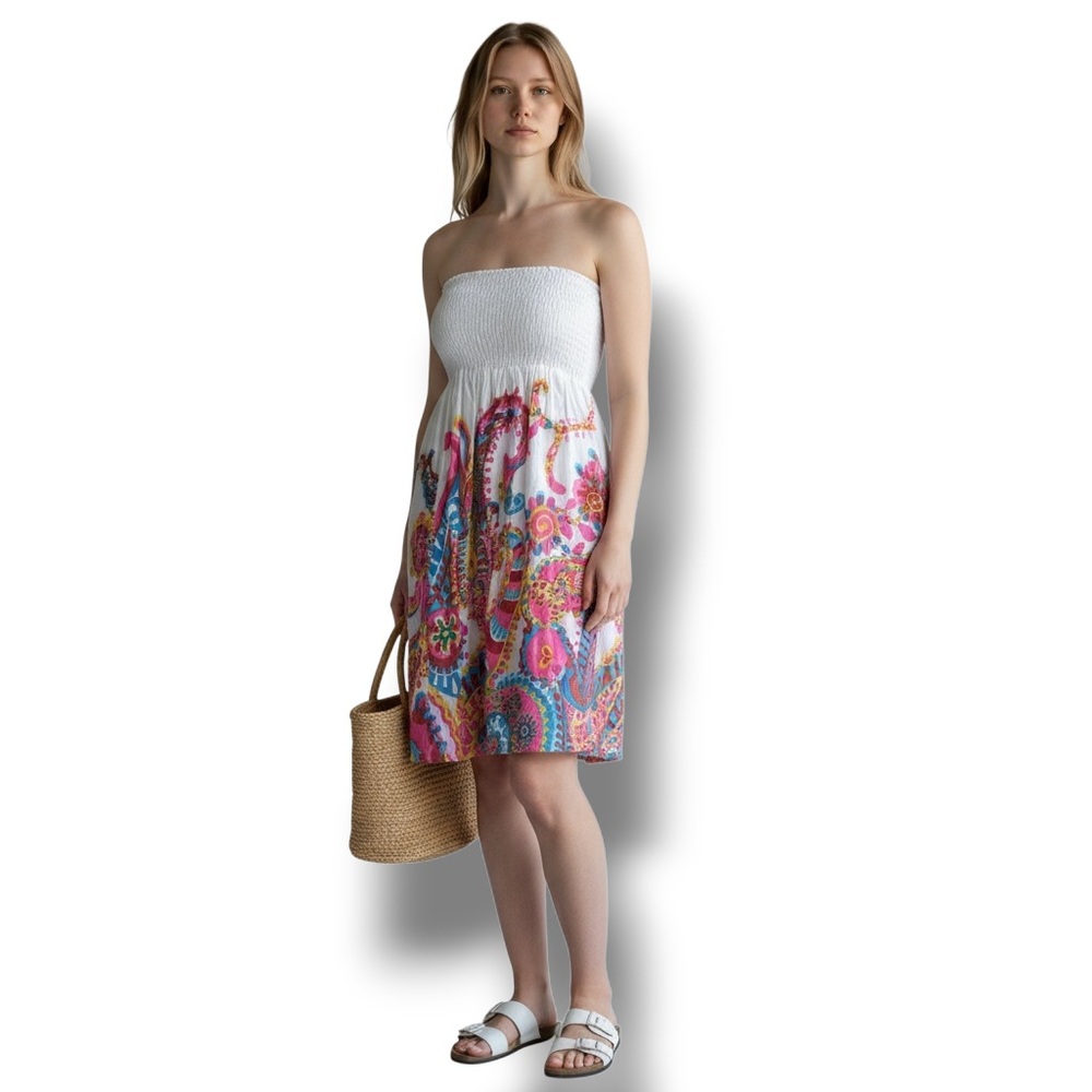 Bhag’s Boho Women’s Strapless Smocked Top Boho Fit & Flare Midi Dress, sz M/L